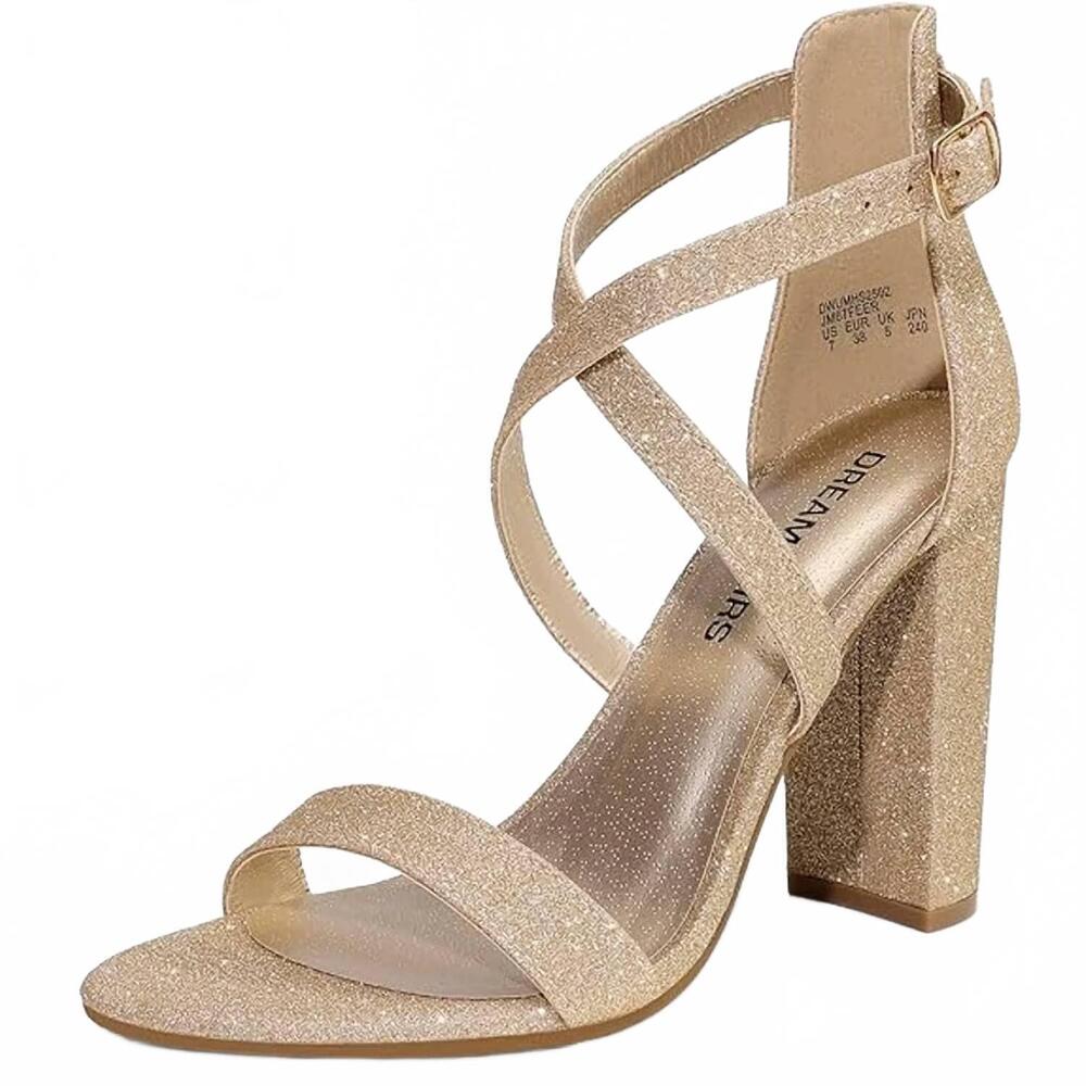 NEW DREAM PAIRS women's open toe ankle strap heels in gold glitter